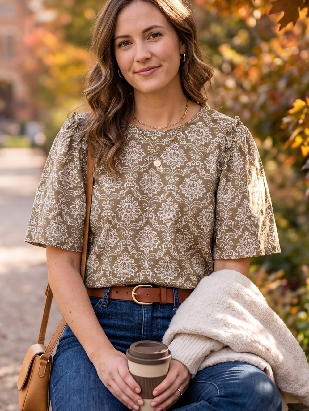 Hyacinth House Olive Damask Cottagecore Tapestry Flutter Sleeve Cotton Top